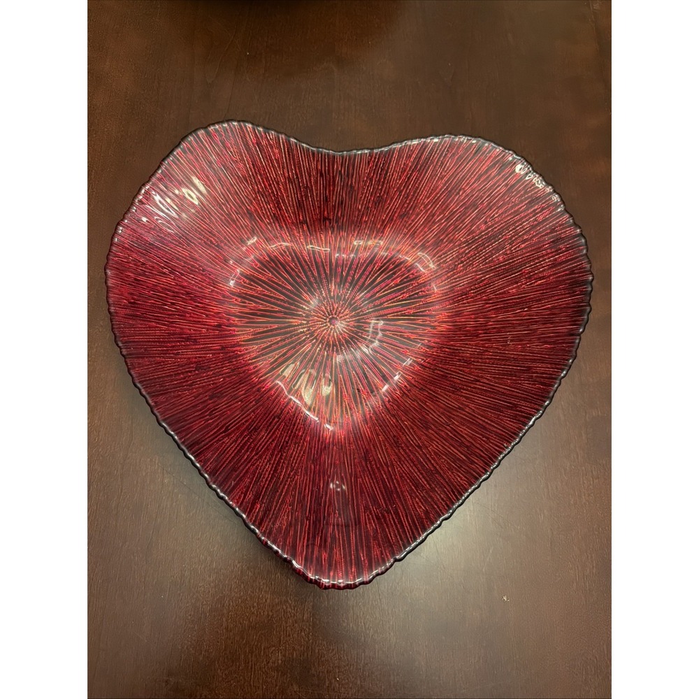 12" AKCAM METALLIC DARK RED FORGED GLASS,HEART SHAPED DISH,PLATTER,BOWL-TURKEY